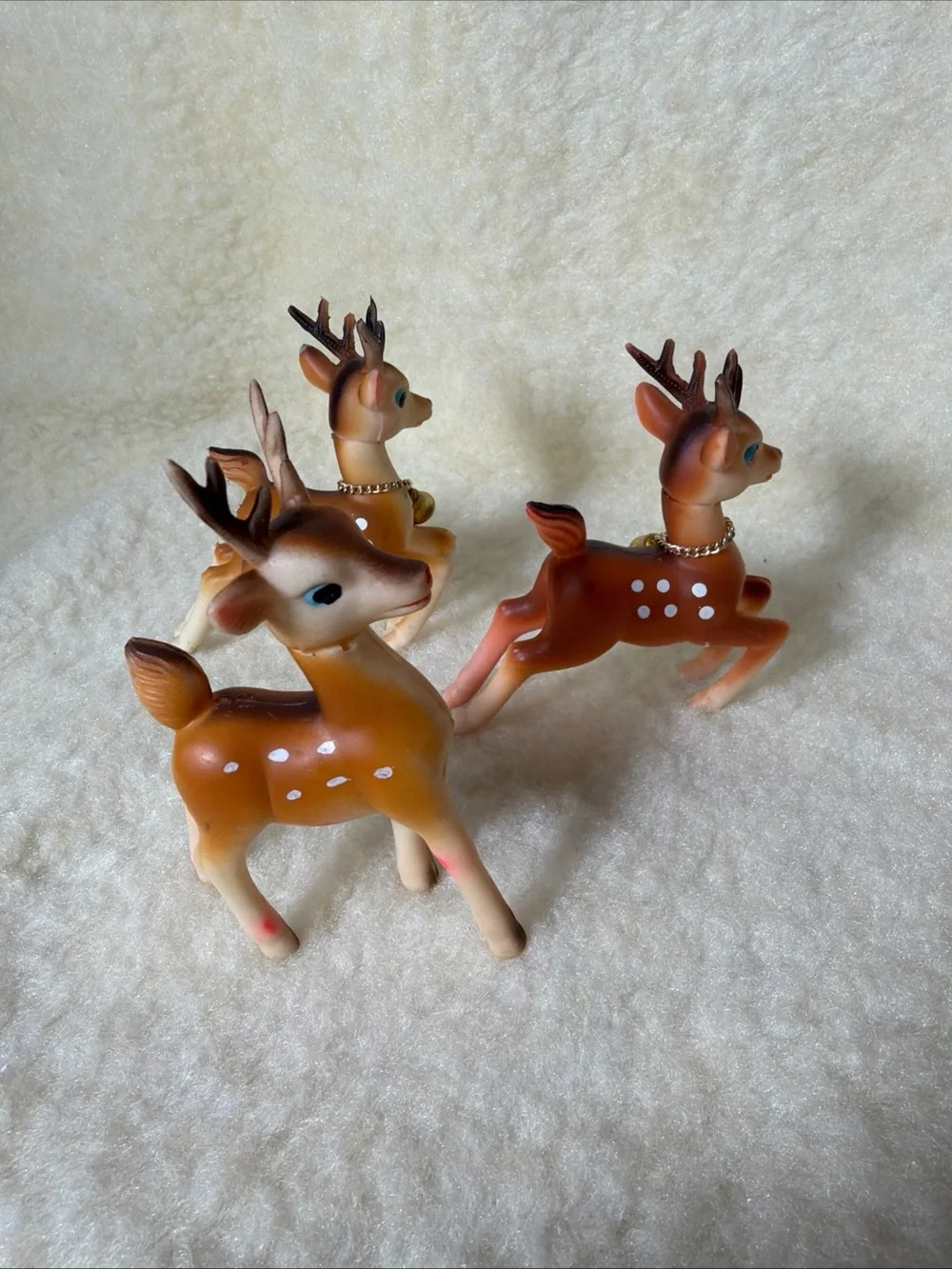 Set of 3 Vintage Soft Rubber  Reindeer  Figurines in Brown with Gold Bells